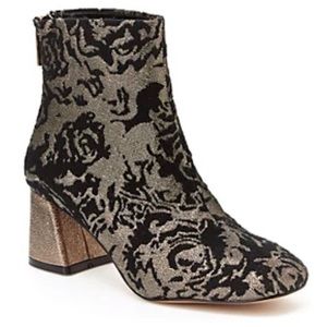 Nanette Lepore Rose Boot‎ 7.5 Pewter Brocade Heeled Bootie Square Toe NWOT